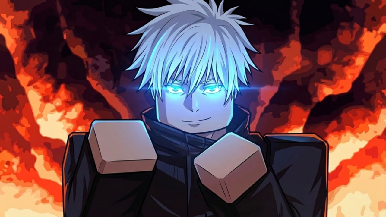 Jujutsu Incremental sorcerer with glowing cyan eyes standing in cursed fire